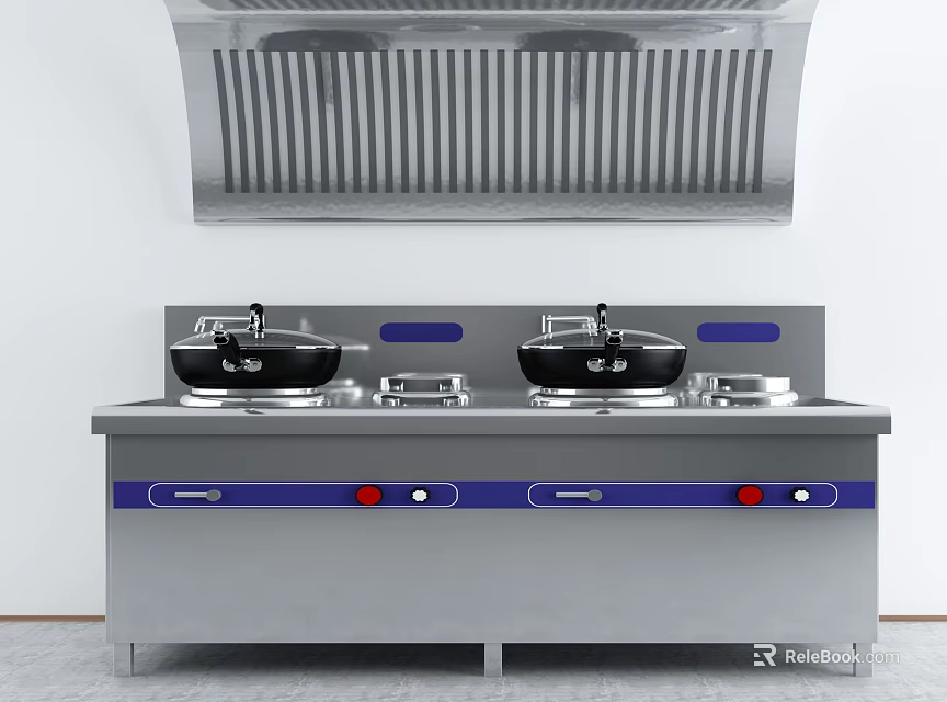 Commercial Kitchen Stove With Two Woks Stainless Steel Range Hood And Control Knobs 3d model