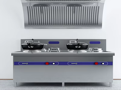 Commercial Kitchen Stove With Two Woks Stainless Steel Range Hood And Control Knobs 3d model