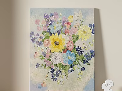 Colorful Floral Bouquet Oil Painting With Yellow Pink Blue Purple Flowers 3d model