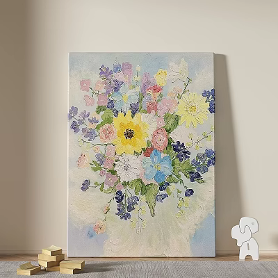 Colorful Floral Bouquet Oil Painting With Yellow Pink Blue Purple Flowers 3d model