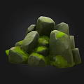 Natural Stone and Wood Structure Covered with Lush Green Moss