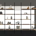 Modern Minimalist Shelving Unit With Black Metal Frame Wooden Shelves And Decorative Vases Figurines Books