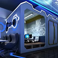 Modern Internet Cafe Interior Featuring Blue White Lighting Geometric Decorations And Computer Setups 3d model