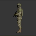Military Soldier In Camouflage Uniform With Helmet Goggles And Rifle Standing