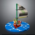 Small Red Water Transport Boat With Yellow Character Green Mast White Sail And Green Leaf