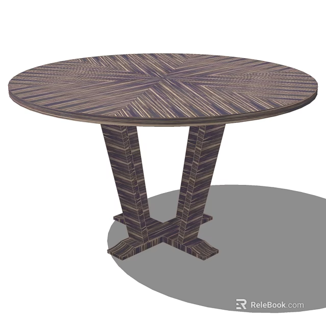 Round Dark Wood Dining Table With Geometric Patterned Top And Double Pedestal Base 3d model 