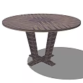 Round Dark Wood Dining Table With Geometric Patterned Top And Double Pedestal Base