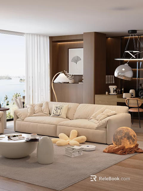 Cozy Living Room Interior With Beige Sofa Throw Pillows Floor Lamp And Wooden Walls 3d model 