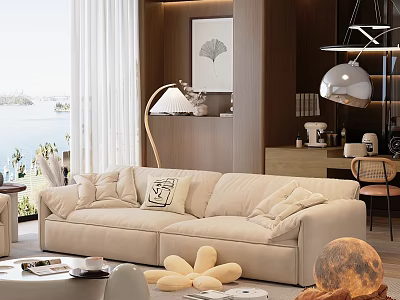 Cozy Living Room Interior With Beige Sofa Throw Pillows Floor Lamp And Wooden Walls 3d model