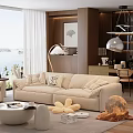 Cozy Living Room Interior With Beige Sofa Throw Pillows Floor Lamp And Wooden Walls