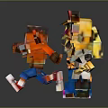 Pixel Art Game and Movie Characters in Colorful Dynamic Poses with Orange and Yellow Outfits