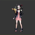 Black Haired Girl With Red Ribbon Holding Yellow Pikachu In Pink Dress And Boots