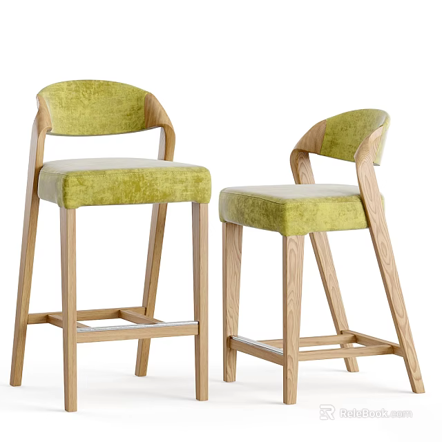 Green Velvet Upholstered Bar Stools with Light Wooden Frame and Modern Ergonomic Backrest Design 3d model 