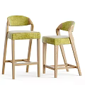 Green Velvet Upholstered Bar Stools with Light Wooden Frame and Modern Ergonomic Backrest Design