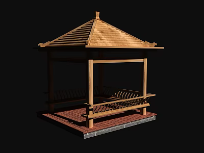 Outdoor Traditional Wooden Pavilion With Tiled Roof And Brick Floor Benches 3d model