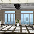 Elegant Hotel Lobby With Ornate Ceiling Black Chandelier Checkerboard Floor And Reception Desk