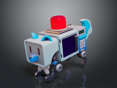 Robot Dog Character With Red Alarm Light Blue Ears Display Keyboard Mechanical Arms And Wheels 3d model