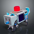 Robot Dog Character With Red Alarm Light Blue Ears Display Keyboard Mechanical Arms And Wheels