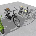Red Green Black Vintage Bicycles Parked On Concrete Floor With Classic Design