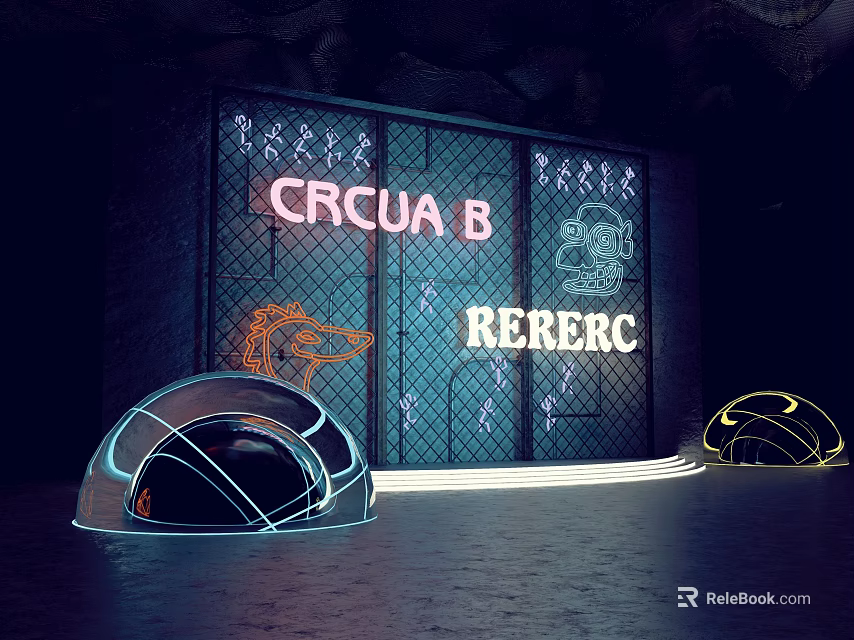 Neon Illuminated Metal Grid Door Featuring CRCUAB RERERC Signs And Semicircular Structures 3d model 