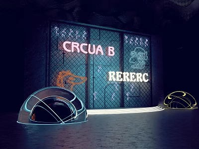 Neon Illuminated Metal Grid Door Featuring CRCUAB RERERC Signs And Semicircular Structures 3d model