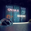 Neon Illuminated Metal Grid Door Featuring CRCUAB RERERC Signs And Semicircular Structures