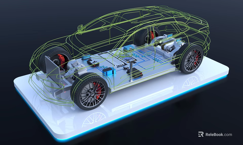 Car Wireframe Model Displaying Chassis Structure Battery System And Electric Components On Platform 3d model 