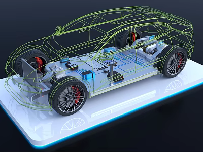 Car Wireframe Model Displaying Chassis Structure Battery System And Electric Components On Platform 3d model