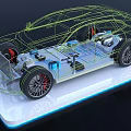 Car Wireframe Model Displaying Chassis Structure Battery System And Electric Components On Platform
