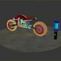 Electric Motorcycle with Red Wheels Black Seat Charging on Round Gray Platform with Blue Charger
