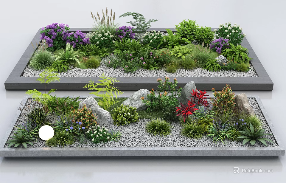 Rectangular Planters With Various Flowers Plants Purple Blooms Green Grasses Stones And Pebbles 3d model 