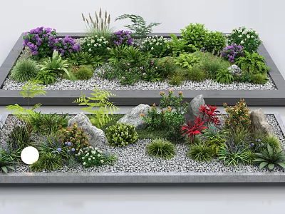 Rectangular Planters With Various Flowers Plants Purple Blooms Green Grasses Stones And Pebbles 3d model