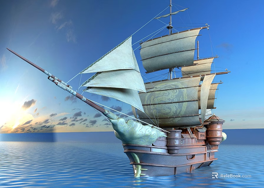 Wooden Sailing Ship With Billowing Sails And Ornate Figurehead On Calm Ocean Under Sunset Sky 3d model 