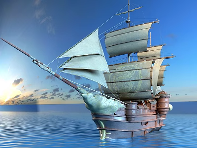 Wooden Sailing Ship With Billowing Sails And Ornate Figurehead On Calm Ocean Under Sunset Sky 3d model
