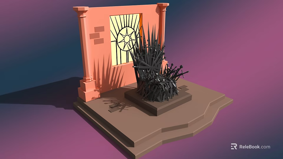 Cartoon Scene With Iron Throne Orange Wall Round Window Radiant Pattern And Purple Background 3d model 