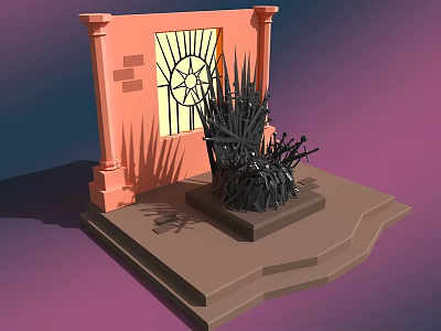 Cartoon Scene With Iron Throne Orange Wall Round Window Radiant Pattern And Purple Background 3d model