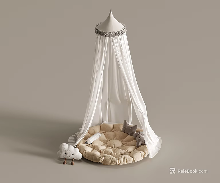White Canopy Children's Cozy Nook With Beige Padded Mat Stuffed Toys Cloud And Tree Decorations 3d model 
