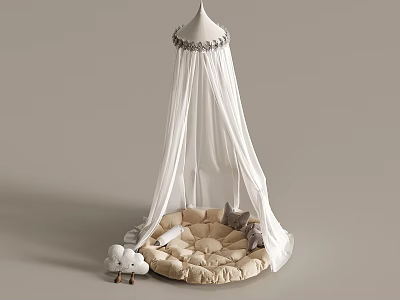 White Canopy Children's Cozy Nook With Beige Padded Mat Stuffed Toys Cloud And Tree Decorations 3d model