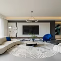 Modern Living and Dining Room Interior With Open Layout Sofa Dining Table And Pendant Lights