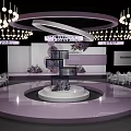 Elegant Wedding Banquet Hall With Floral Decorations Chandeliers And Round Stage