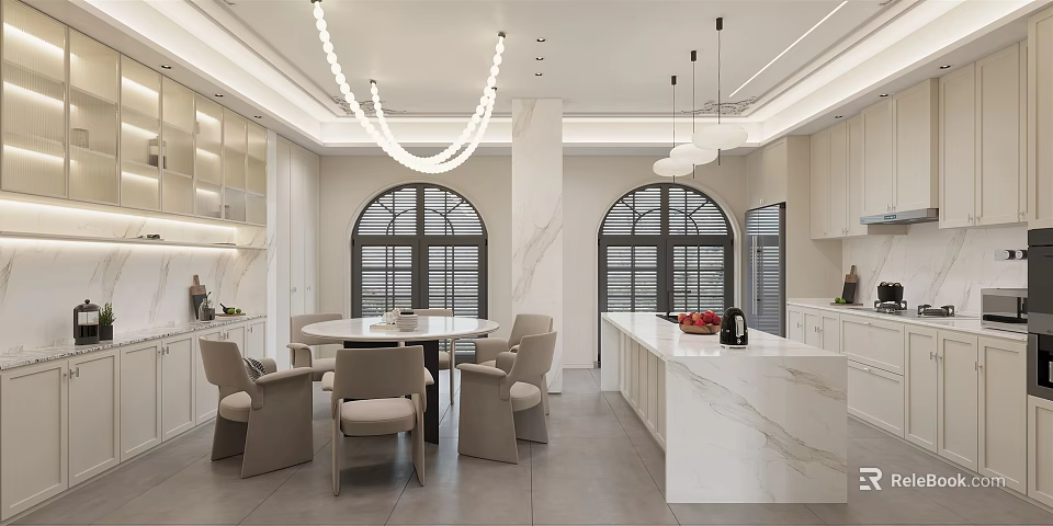 Modern Elegant Restaurant Interior With Round Dining Table Chairs Marble Island Arched Windows Pendant Lights 3d model