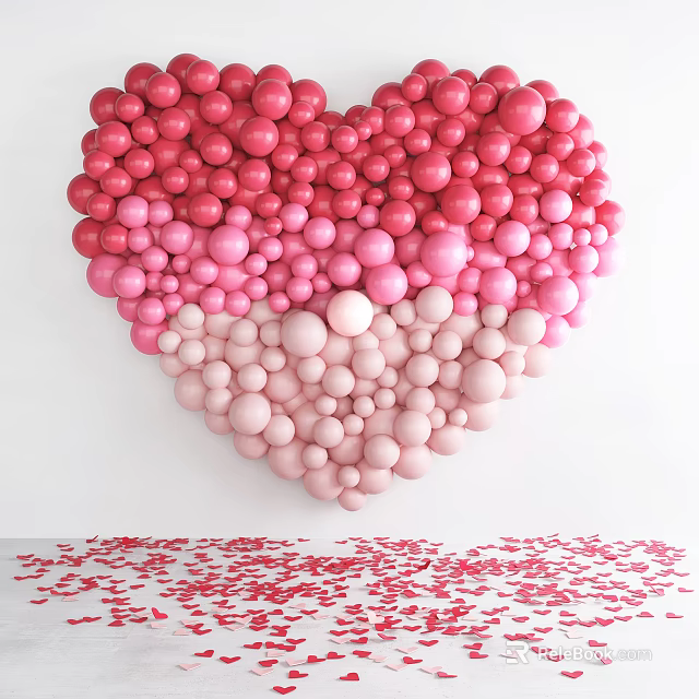 Pink Red Heart Shaped Balloon Decoration Supplies For Party With Confetti 3d model 