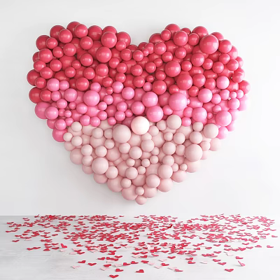 Pink Red Heart Shaped Balloon Decoration Supplies For Party With Confetti 3d model