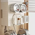 Organized Kitchen With White Pegboard Shelf Silver Circular Items Hooks And Natural Light 3d model