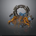 Sci-Fi Scene Component With Circular Ring Orange Pipes Blue Devices And Platform