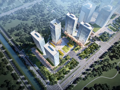 Aerial View Planning of Modern Urban Area With High-Rise Buildings Greenery Roads and Waterway 3d model
