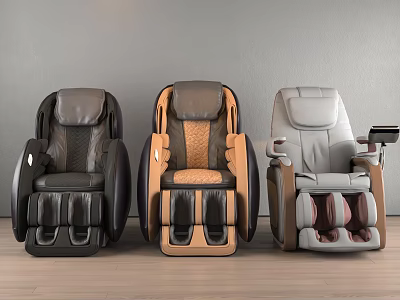 Three Modern Massage Chairs Black Brown and Gray With Ergonomic Design and Footrests 3d model