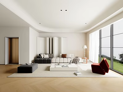 Modern Living Room Interior Sofa and Coffee Table Set With Large Windows and Area Rug 3d model