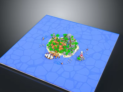 Futuristic Sci Fi Island Scene With Palm Trees Lighthouse And Ships On Blue Water 3d model