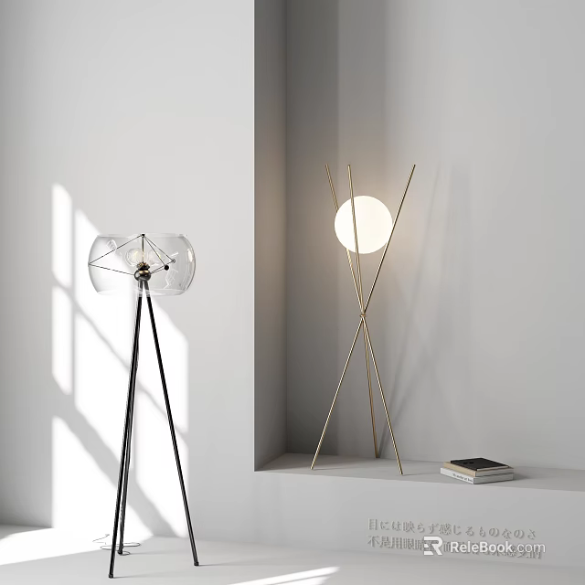 Modern Floor Lamps With Transparent Glass Shade Black Tripod Golden Cross Stand And Shadow Effect 3d model 